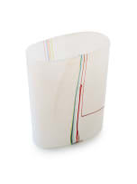 Bertil Vallien- Kosta Boda Glass; Rainbow series, oval-shaped mottled glass vase with applied vertical and diagonal slip trail coloured glass motif