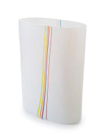 Bertil Vallien- Kosta Boda Glass; Rainbow series, oval-shaped mottled glass vase with applied vertical and diagonal slip trail coloured glass motif