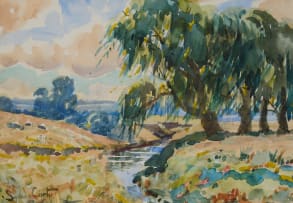 Sydney Carter; Landscape with Stream and Willow Trees