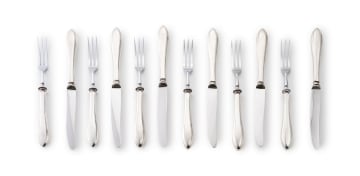 A set of six silver-handled fruit knives and forks with stainless steel blades and tines, 830 standard, with Dutch foreign made tax marks, 20th century