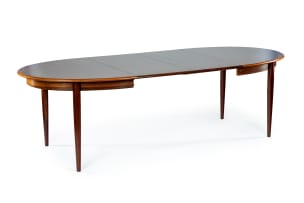 Gudme Møbelfabrik; Rosewood and teak extending dining table, Denmark