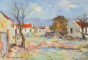 Don Madge; Landscape with Buildings, Trees and Distant Mountains