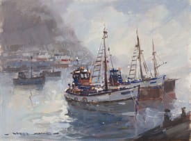 Wessel Marais; Three Boats in a Harbour