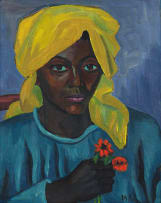 Maggie Laubser; Portrait of a Woman with Headscarf Holding Flowers