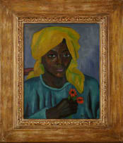 Maggie Laubser; Portrait of a Woman with Headscarf Holding Flowers