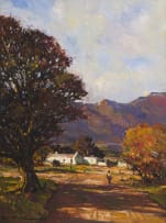 Don Madge; Landscape with Cape Dutch Buildings and Mountains