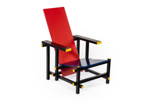 Gerrit Rietveld; 'Red and Blue' armchair after a 1918 design by Gerrit Rietveld,