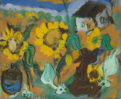 Frans Claerhout; Field of Sunflowers, Figure and Chickens