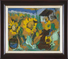 Frans Claerhout; Field of Sunflowers, Figure and Chickens