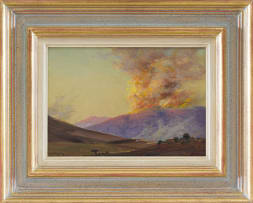 Willem Hermanus Coetzer; Landscape with Distant Mountain and Fire along Ridge
