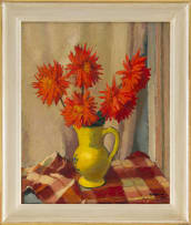 Charles Kvapil; Dahlias in a Yellow Vase