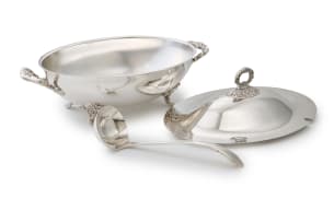 An electroplated silver electroplated soup tureen and ladle, stamped Emess silverware, 20th century