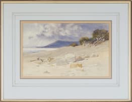 Constance Penstone; Beach Scene with Trees and Distant Mountain