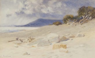 Constance Penstone; Beach Scene with Trees and Distant Mountain