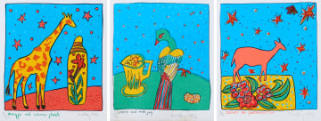 Bronwen Findlay; Giraffe and Chinese Flask; Loerie and Milk Jug; Duiker on Patterned Box, three