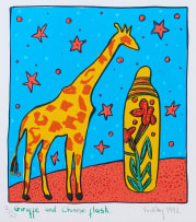 Bronwen Findlay; Giraffe and Chinese Flask; Loerie and Milk Jug; Duiker on Patterned Box, three