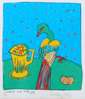 Bronwen Findlay; Giraffe and Chinese Flask; Loerie and Milk Jug; Duiker on Patterned Box, three