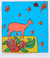 Bronwen Findlay; Giraffe and Chinese Flask; Loerie and Milk Jug; Duiker on Patterned Box, three