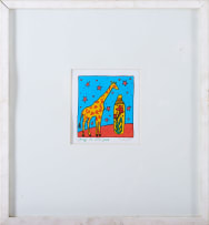 Bronwen Findlay; Giraffe and Chinese Flask; Loerie and Milk Jug; Duiker on Patterned Box, three