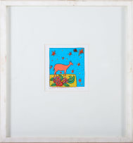 Bronwen Findlay; Giraffe and Chinese Flask; Loerie and Milk Jug; Duiker on Patterned Box, three