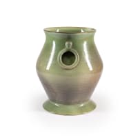 Globe Potteries; Green and purple vase with ring handles and wide flared mouth and base