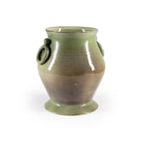 Globe Potteries; Green and purple vase with ring handles and wide flared mouth and base
