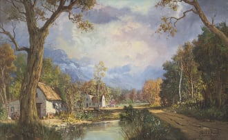 Gabriel de Jongh; Landscape with Cottage, Pond and Mountains