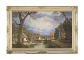 Gabriel de Jongh; Landscape with Cottage, Pond and Mountains