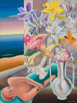 Simon Jones; Figure Resting Next to Flowers