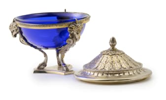 A Louis XVI style silver gilt sugar basin and cover, .800 standard