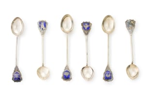Six sterling silver and enamel souvenir teaspoons