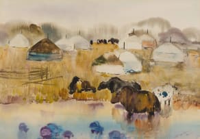Mongolian School; Landscape with Yurts and Yaks