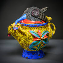 Ardmore Ceramic Studio; Leopard and guineafowl lidded vessel