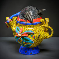 Ardmore Ceramic Studio; Leopard and guineafowl lidded vessel