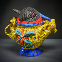 Ardmore Ceramic Studio; Leopard and guineafowl lidded vessel