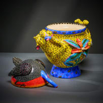 Ardmore Ceramic Studio; Leopard and guineafowl lidded vessel