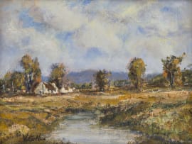 Walter Nice; Farm Landscape with Cottage, Stream and Trees