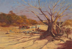 Adriaan Boshoff; Cowherds and Cattle in a Riverbed