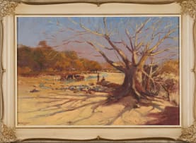 Adriaan Boshoff; Cowherds and Cattle in a Riverbed