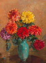 Robert Gwelo Goodman; Dahlias in a Celadon Vase