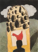 Colbert Mashile; Untitled (Silhouette of Head with Chicken, Hill and Cloud)