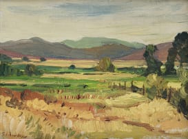 Piet van Heerden; Farm Landscape with Distant Mountains