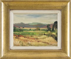 Piet van Heerden; Farm Landscape with Distant Mountains