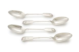 Four Victorian silver Fiddle-and-Shell pattern dinner spoons, Clement Gowland I and Gowland Brothers, Newcastle, 1846 and 1864
