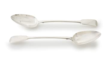 A pair of Victorian silver Fiddle pattern serving spoons, London, 1841