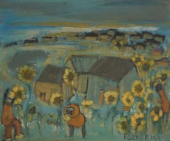 Frans Claerhout; Figures and Buildings in a Sunflower Field