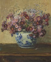 Adriaan Boshoff; Arrangement of Flowers in a Blue and White Vase