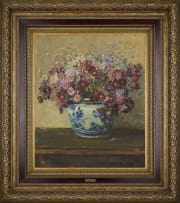 Adriaan Boshoff; Arrangement of Flowers in a Blue and White Vase