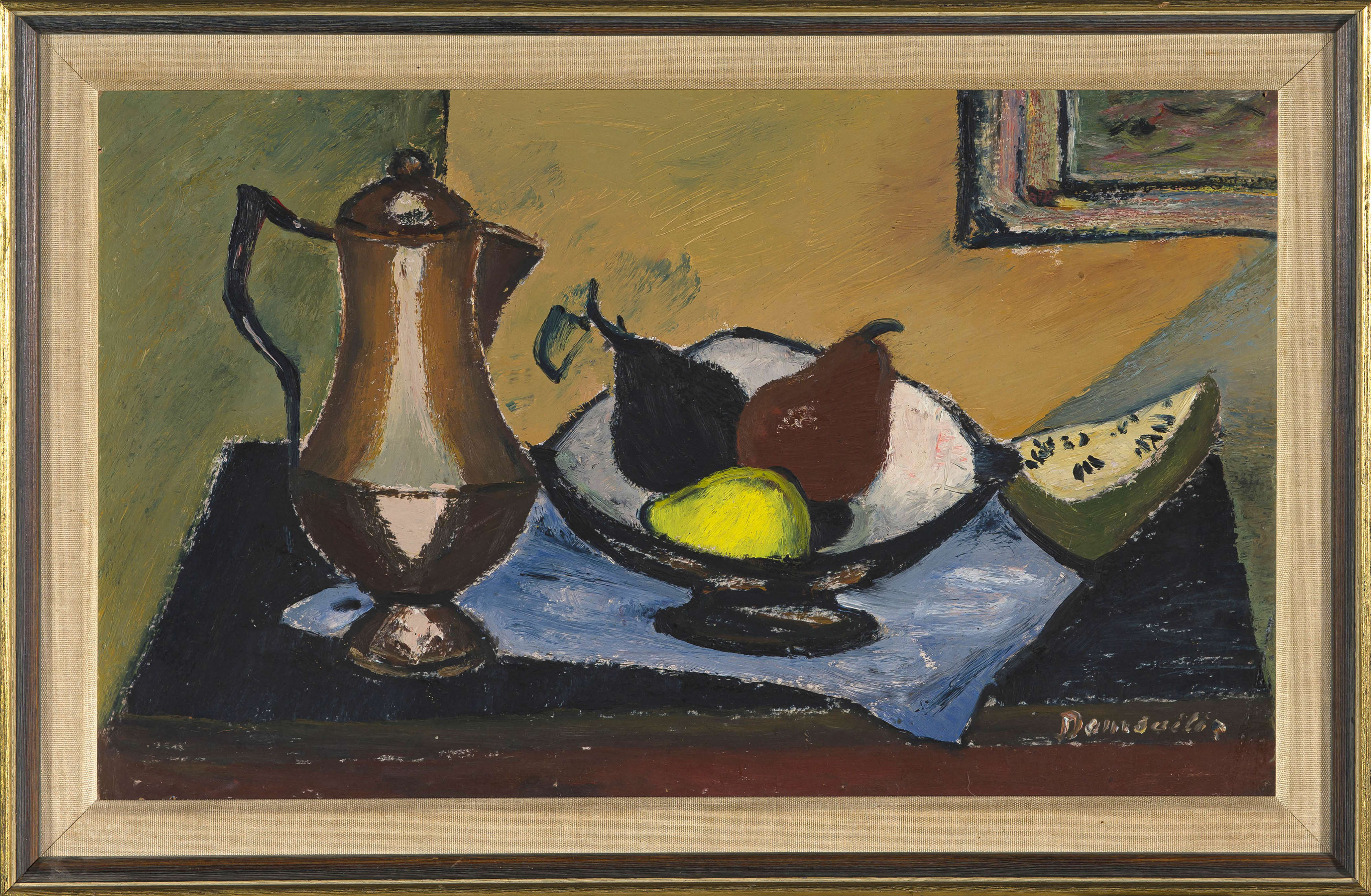 Still Life with Coffee Pot and Bowl of Fruit by Pranas Domsaitis ...